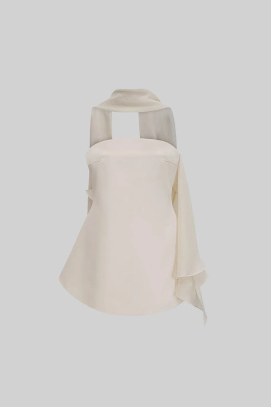 Asymmetric Draped Mini Dress with One-Shoulder Detail - Ivoire
