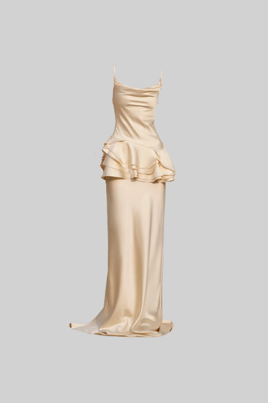 Spaghetti Strap Satin Maxi Dress with Asymmetric Ruffles - Ivoire