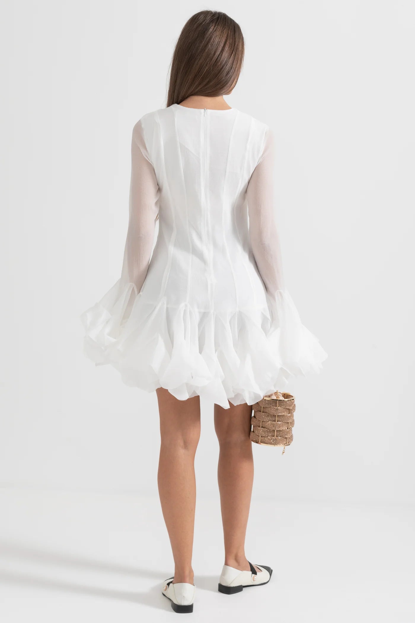 Chic Mini Dress With See-Through Sleeves And Flared Hemline - White