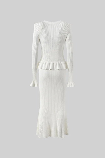 Knit Jacket With Ruffled Hemline & Matching Flared Skirt Set - White