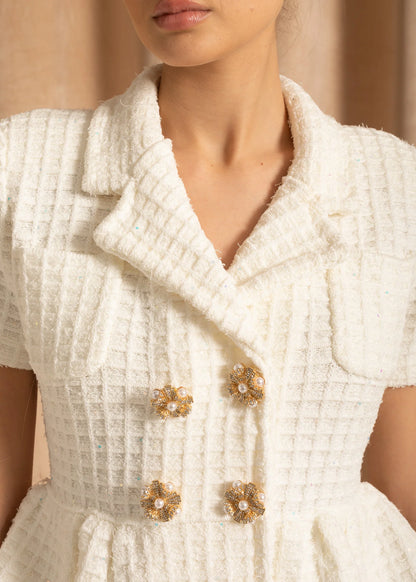 Knitted Midi Dress With Gold Buttons And Peplum Waist - White