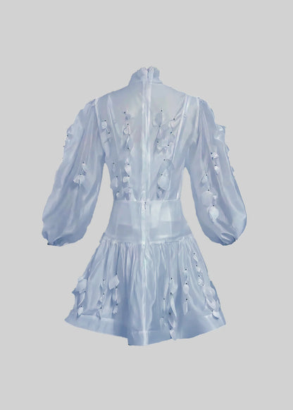 Flower Co-Ord With High Neckline, Lace And Adornments - Blue