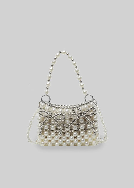 Beaded Purse with Pearls and Silver Highlights - White