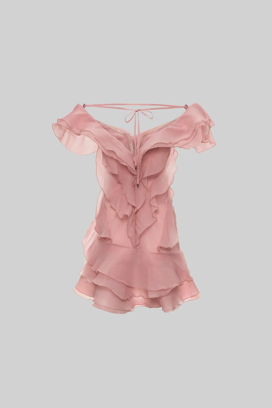 Mini Dress with Layered Ruffles and V-Neckline - Pink