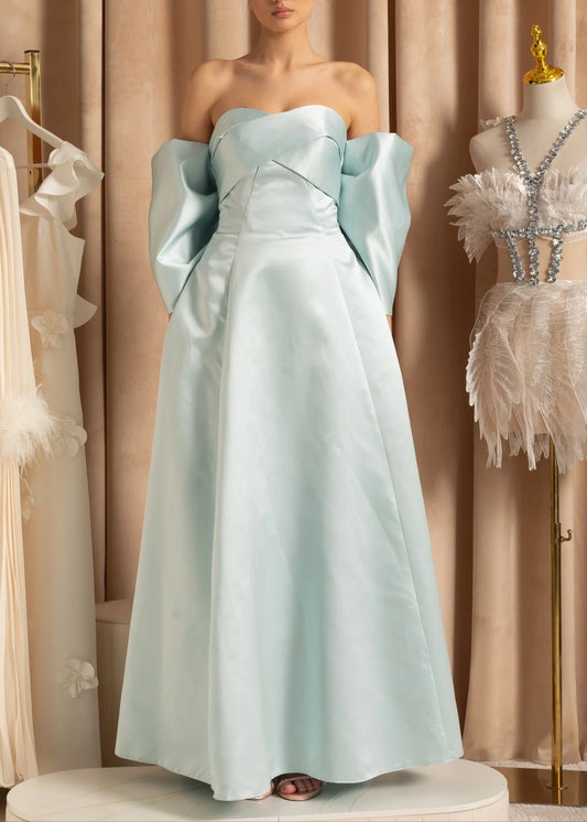 Elegant Satin Strapless Dress With Oversized Back Bow - Baby Blue