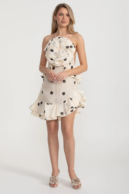 Polka Dot Halter Mini Dress with Ruffled Rosette Detail – Ivoire