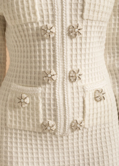 Long Sleeve Knee-Length Knitted Dress - White