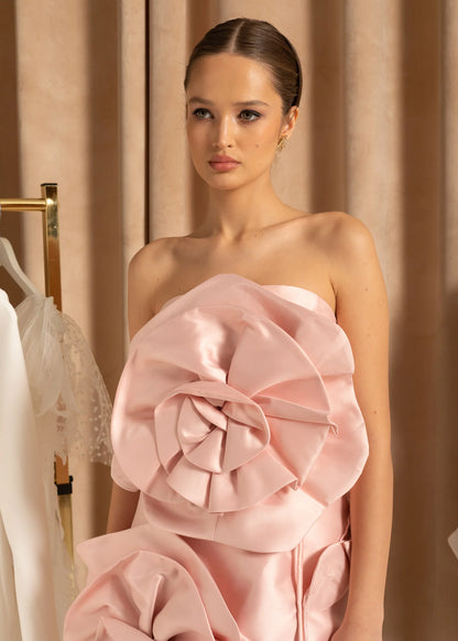 Satin Mini Dress With Oversized 3D Flowers - Light Pink
