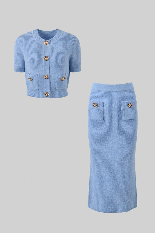 Elegant Knit Ensemble With Decorative Gold Flower Buttons - Blue