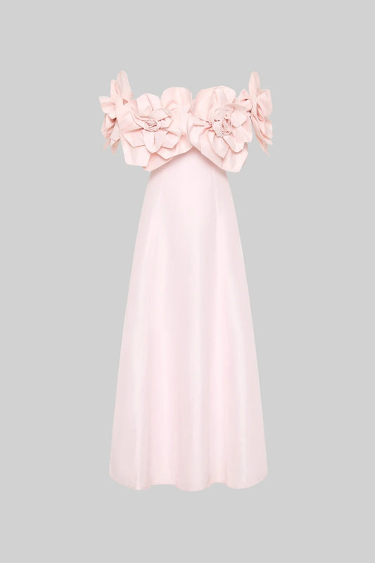 Off-Shoulder Midi Dress with Oversized Floral Appliqués - Pink
