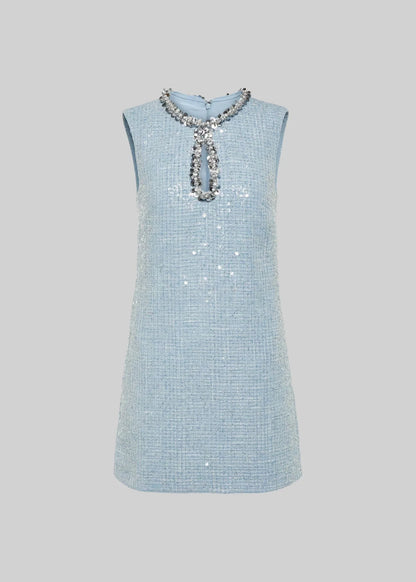 Textured Mini Dress With Silver Sequin Collar Detailing  - Blue