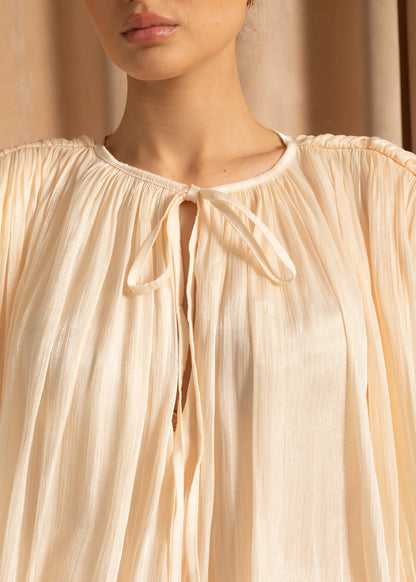 Flowing Long-Sleeved Mini Dress with Matching Waistband - Apricot