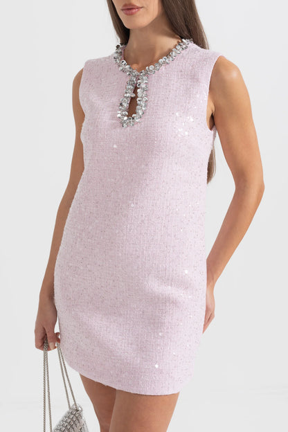 Textured Mini Dress With Silver Sequin Collar Detailing  - Pink