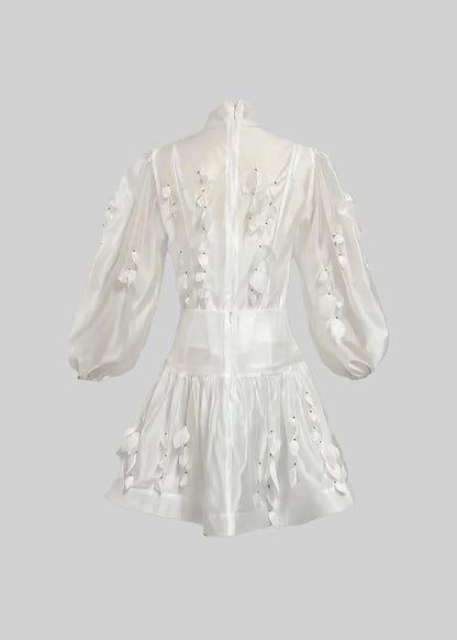 Flower Co-Ord With High Neckline, Lace And Adornments - White