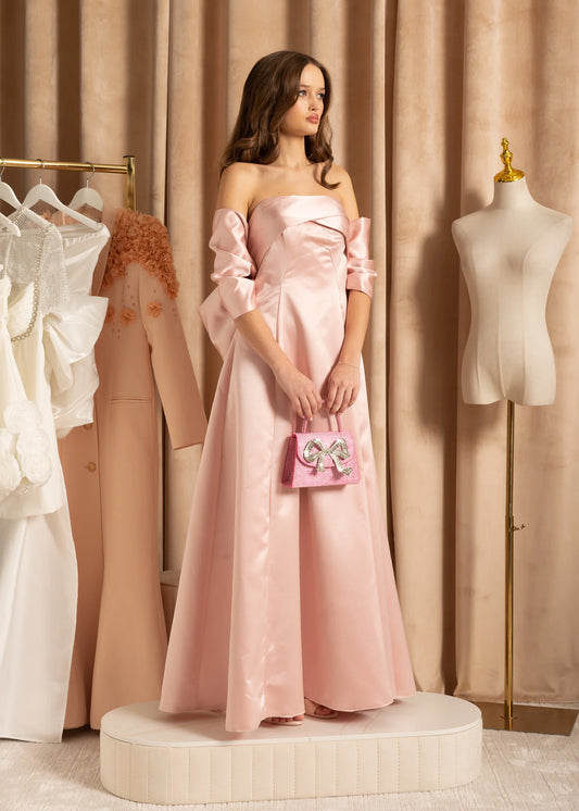 Elegant Satin Strapless Dress With Oversized Back Bow - Peach