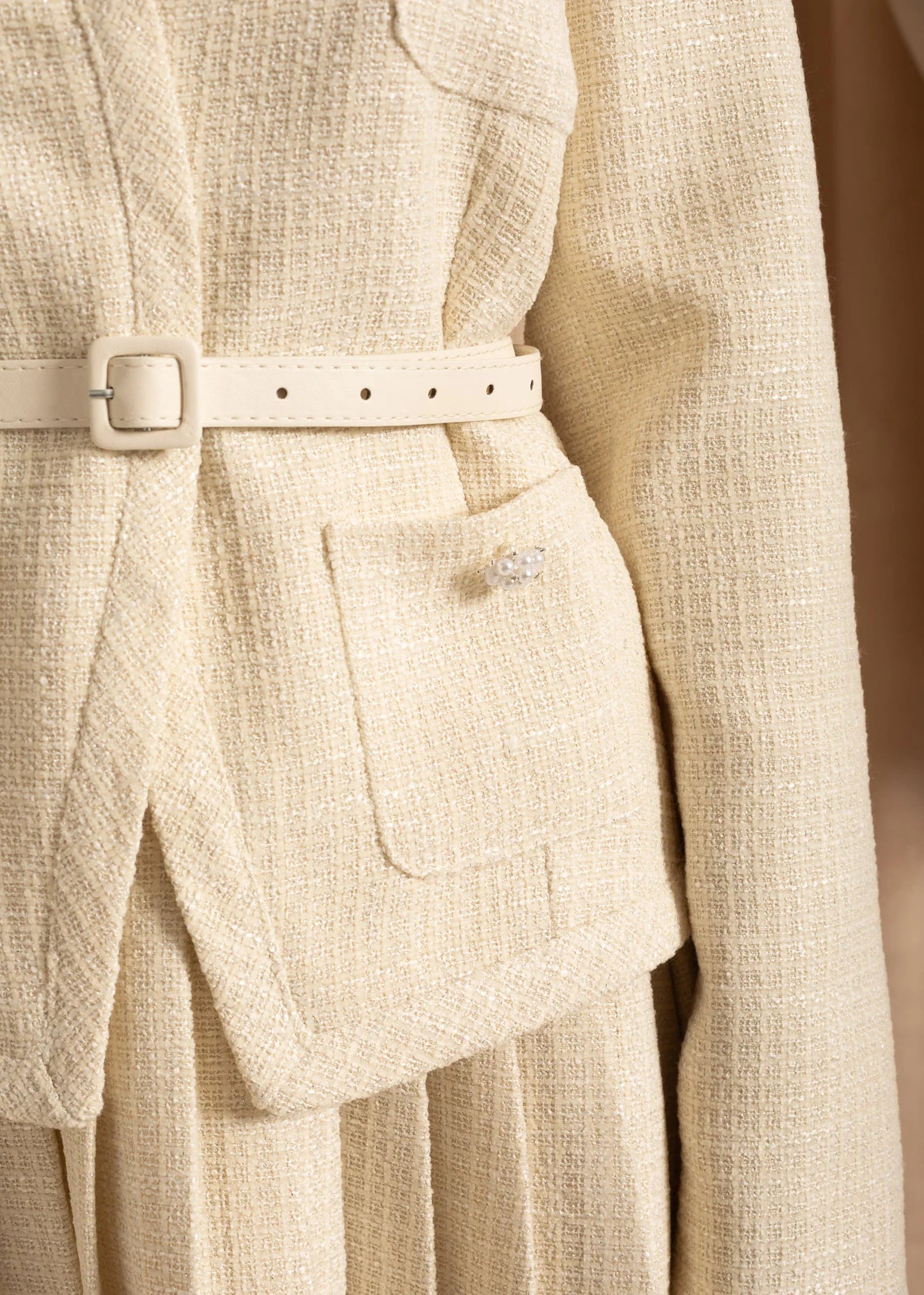 Elegant Knitted Two Piece Co-Ord With Pleated Mini Skirt - Ivoire