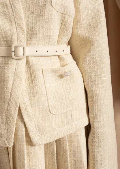 Elegant Knitted Two Piece Co-Ord With Pleated Mini Skirt - Ivoire