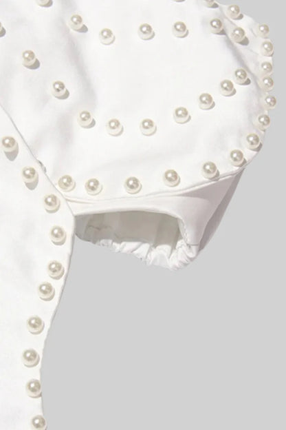 Floral Top With Pearl Accents - White