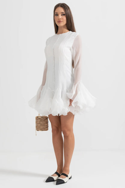 Chic Mini Dress With See-Through Sleeves And Flared Hemline - White