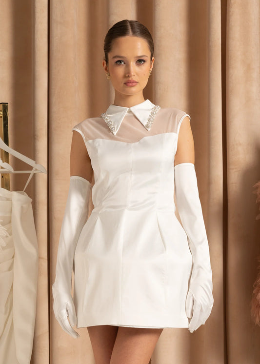 Sleeveless Fitted Mini Dress with Coordinating Long Gloves  - White