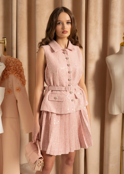 Textured Dress With Waistbelt And Pleated Mini Skirt - Pink