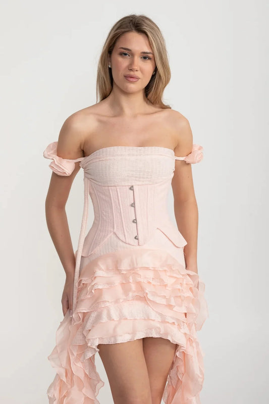 Corset High-Low Dress With Side Ruffles - Pink
