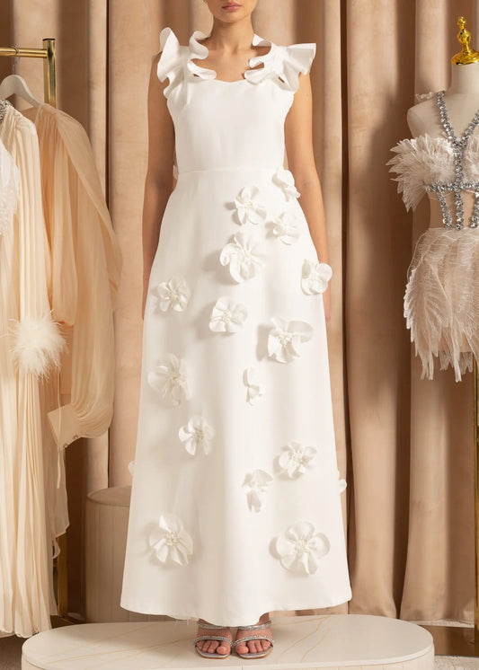 Elegant Gown With Ruffled Shoulder Straps And 3D Flowers Skirt - White