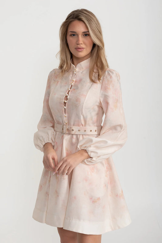 Watercolor Floral Belted Mini Dress with Mandarin Collar – Blush
