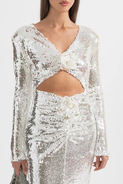 Sparkling Sequin Dress with Front Cut-Out - Silver