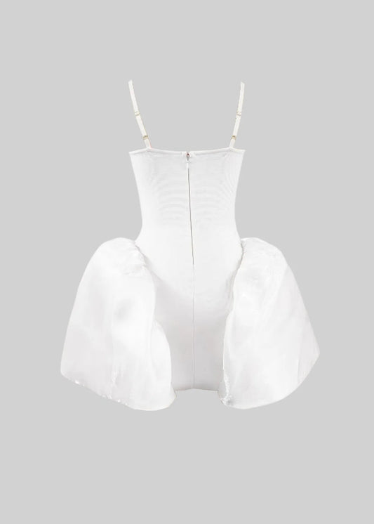 Mini Dress With Ruffled Skirt And Wire Flowers Apliques - White
