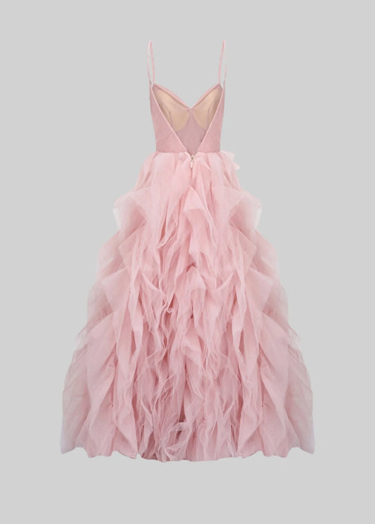 Elegant Tulle Gown With Flowing Full-Length Skirt - Peach