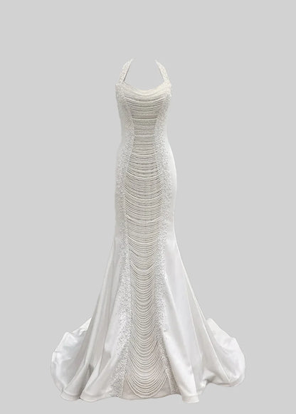 Exquisite Satin Evening Gown With Pearls - White