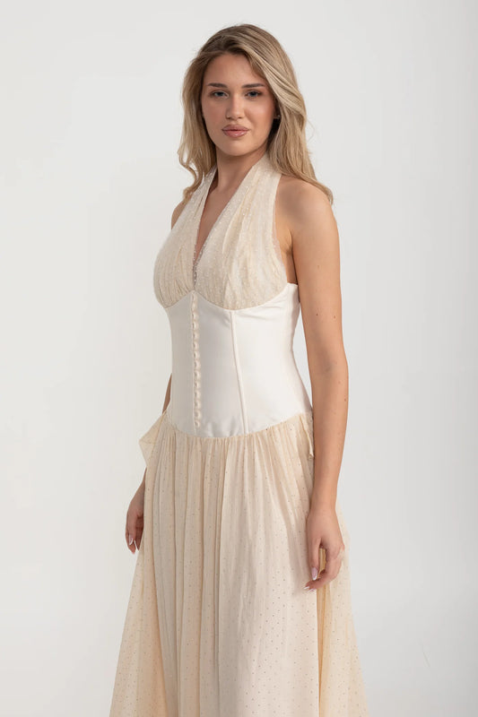 Halter Maxi Dress with Corset Bodice and Tulle Skirt - Ivoire