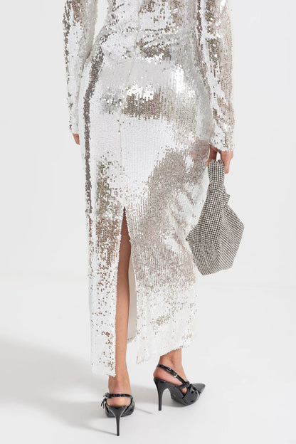 Sparkling Sequin Dress with Front Cut-Out - Silver