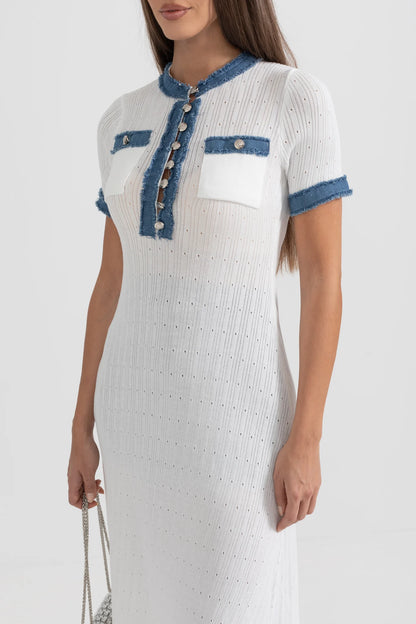 Textured Knit Midi Dress With Blue Details - White