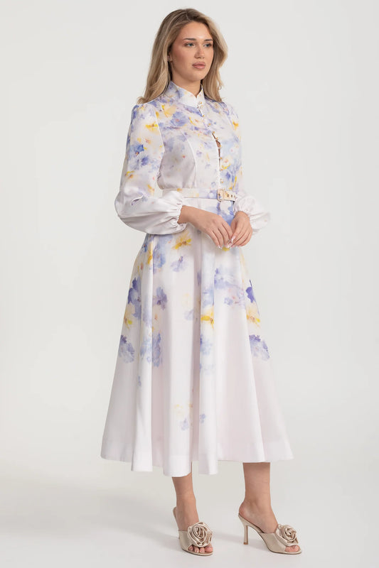 Watercolor Floral Belted Midi Dress with Mandarin Collar – Pastel Blue