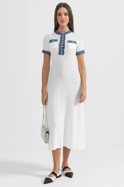 Textured Knit Midi Dress With Blue Details - White