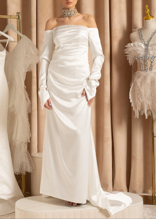 Ruched Off-Shoulder Satin Gown With Draped Maxi Skirt - White