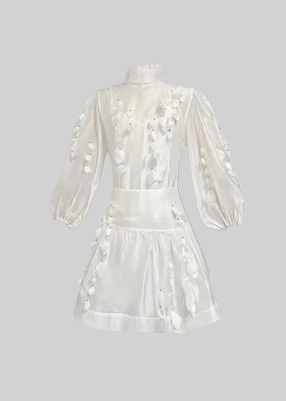 Flower Co-Ord With High Neckline, Lace And Adornments - White
