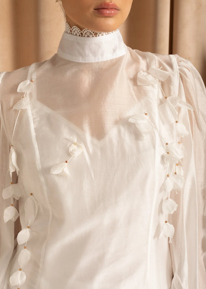 Flower Co-Ord With High Neckline, Lace And Adornments - White