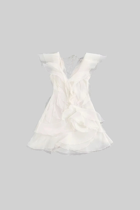 Mini Dress with Layered Ruffles and V-Neckline - White