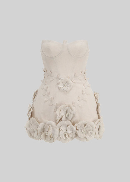 Mini Bustier Dress With 3D Floral Details - Ivoire