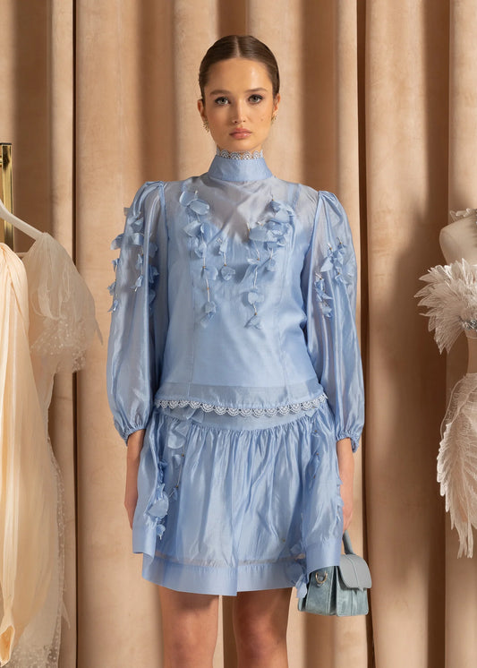 Flower Co-Ord With High Neckline, Lace And Adornments - Blue