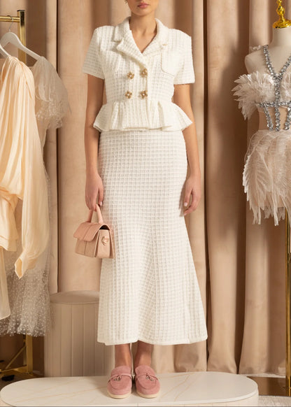 Knitted Midi Dress With Gold Buttons And Peplum Waist - White