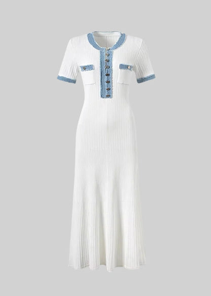 Textured Knit Midi Dress With Blue Details - White