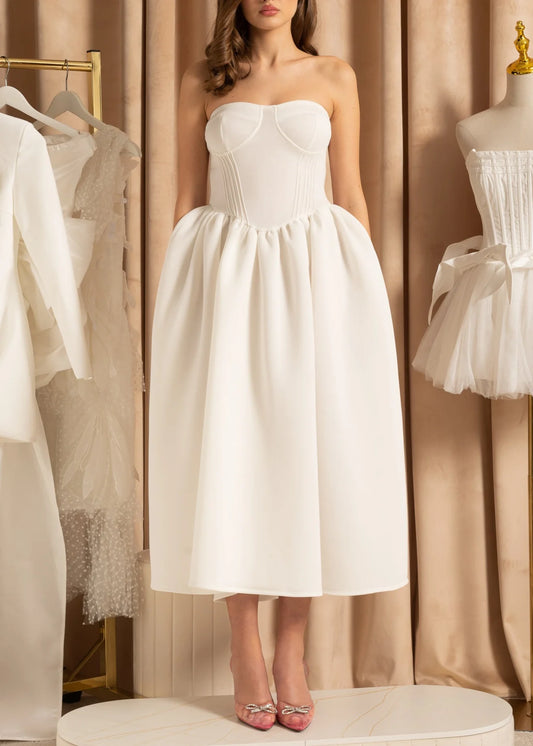 Elegant Strapless Dress With Fitted Bodice And Midi Skirt - White