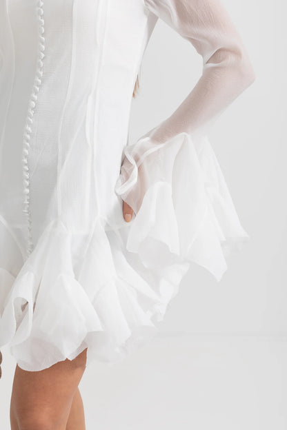 Chic Mini Dress With See-Through Sleeves And Flared Hemline - White