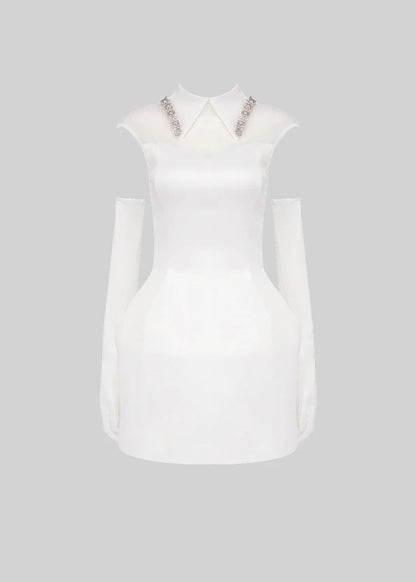 Sleeveless Fitted Mini Dress with Coordinating Long Gloves  - White