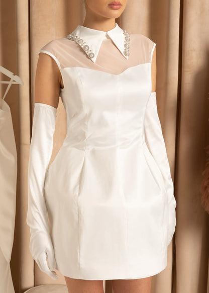 Sleeveless Fitted Mini Dress with Coordinating Long Gloves  - White